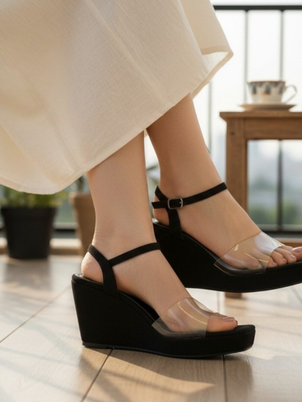 Shein Women's Size 9 Black Platform Wedge Sandals Feature A Clear PVC Toe Strap.